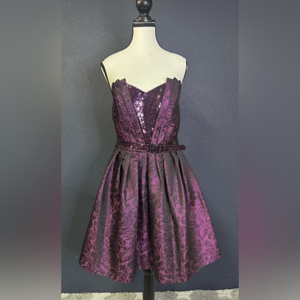 Betsey Johnson Collection Strapless Jacquard Sequin Belted Party Dress | Size 10
